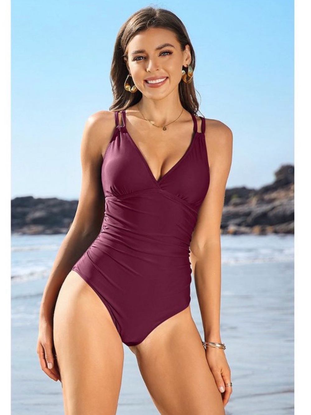 Charmo Ruched One Piece Swimsuit Maroon V-Neck Crisscross Back Tummy Control XL